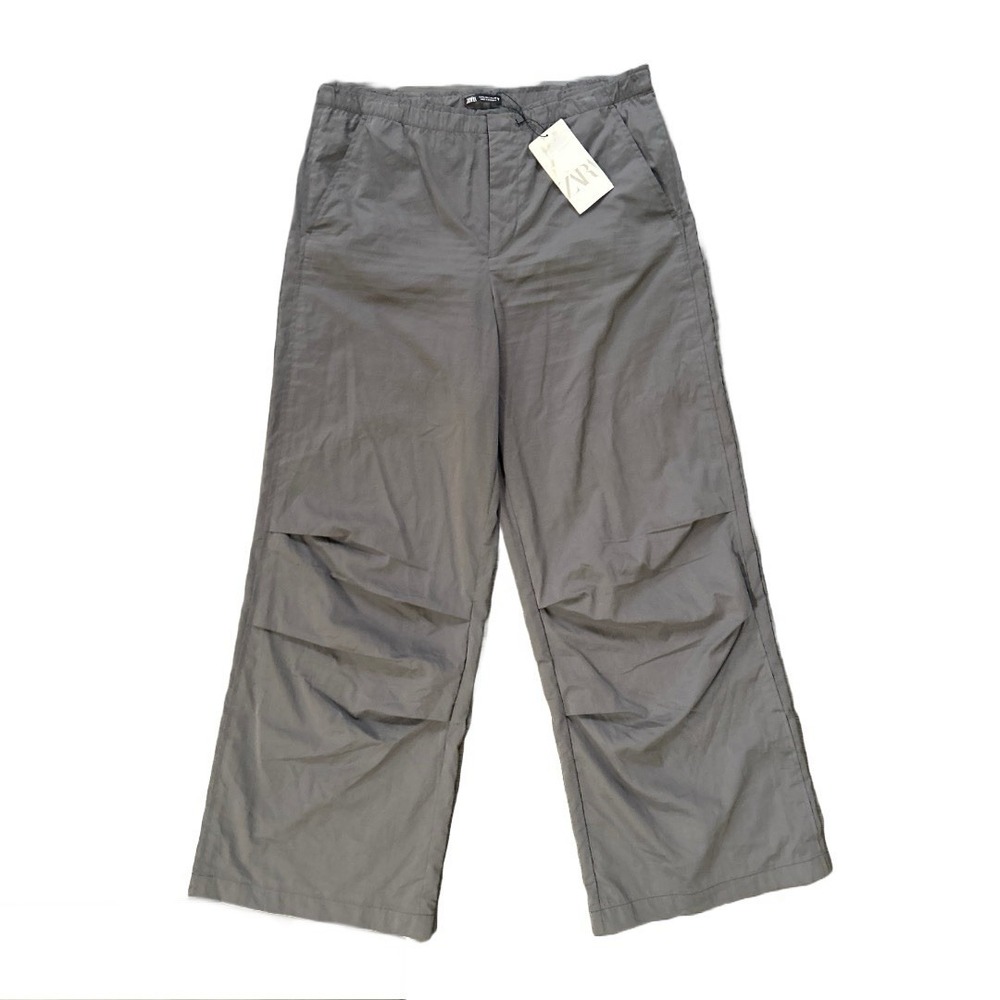 Zara Women's Gray Wide Leg Pants Knee Pleats High Rise Trousers Size L‎ NWT